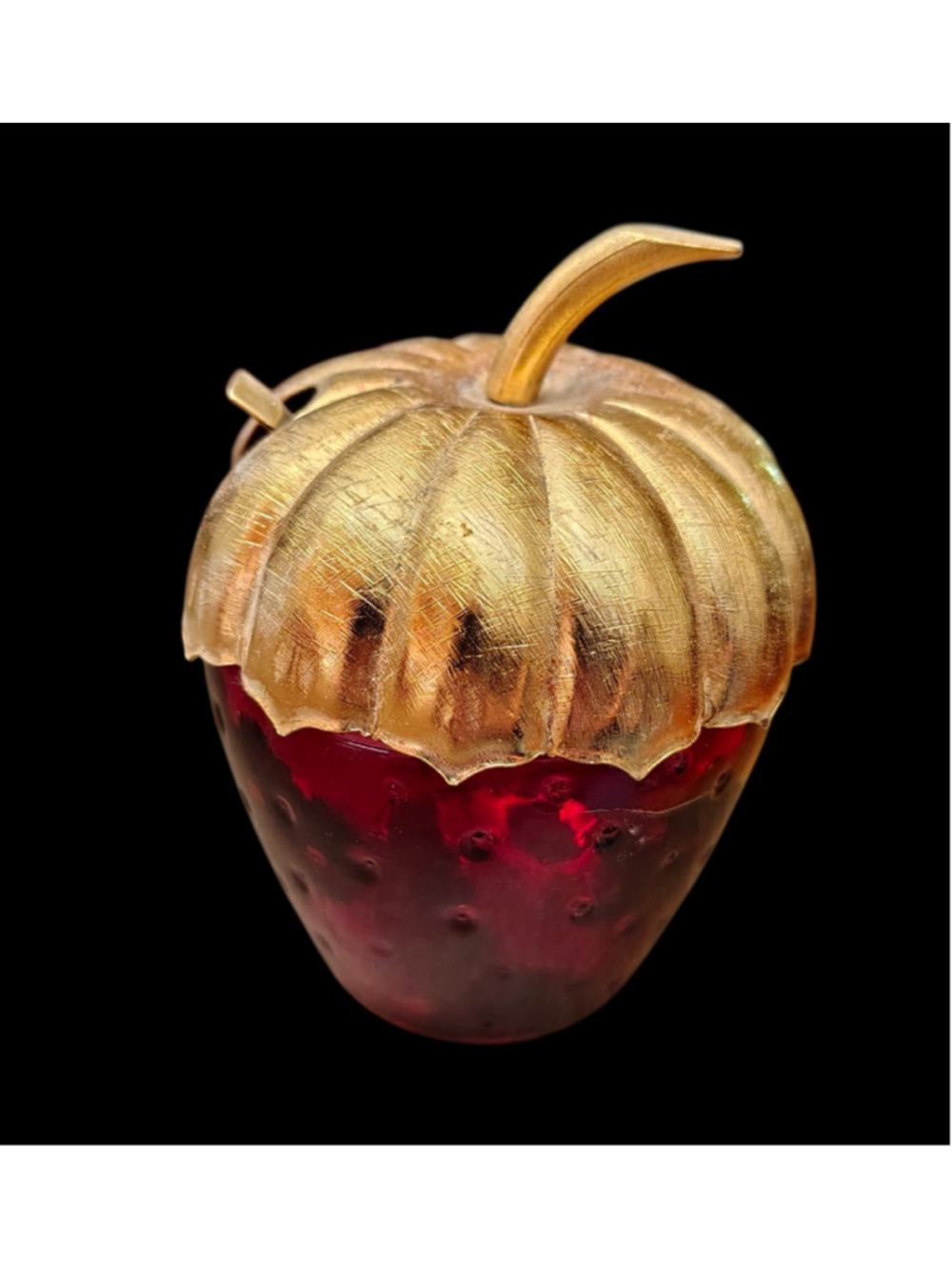 Avon Small strawberry Shaped Jam Jar Red Glass Gold Tone Metal Lid 4" x 3"